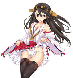 Rule 34 | 10s, 1girl, black hair, breasts, brown eyes, cleavage, clothes lift, detached sleeves, fundoshi, hairband, haruna (kancolle), japanese clothes, kantai collection, personification, rikudou inuhiko, skirt, skirt lift, solo, thighhighs