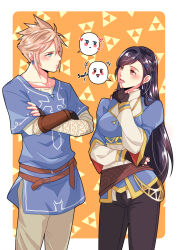 Rule 34 | 1boy, 1girl, babigonice, belt, belt buckle, black hair, black pants, blonde hair, blue eyes, blue shirt, blue tunic, blush, breasts, brown belt, brown gloves, buckle, closed mouth, cloud strife, collarbone, cosplay, couple, cowboy shot, crossed arms, earrings, english text, final fantasy, final fantasy vii, final fantasy vii remake, fingerless gloves, gloves, hair ornament, hairclip, heart, height difference, highres, jewelry, juliet sleeves, large breasts, link, link (cosplay), long hair, long sleeves, looking at another, multiple belts, nintendo, open mouth, outside border, pants, princess zelda, princess zelda (cosplay), puffy short sleeves, puffy sleeves, red eyes, shirt, short sleeves, single earring, speech bubble, spiked hair, square enix, teardrop earring, the legend of zelda, the legend of zelda: breath of the wild, tifa lockhart, triforce