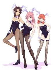 Rule 34 | 10s, 3girls, animal ears, black hair, breasts, elbow gloves, fake animal ears, final fantasy, final fantasy xiii, gloves, high heels, lightning farron, looking at viewer, multiple girls, oerba dia vanille, oerba yun fang, pantyhose, patterned legwear, pink hair, playboy bunny, rabbit ears, red hair, shoes, thigh gap, thighhighs, thighs, zzwei