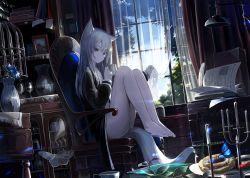 Rule 34 | 1girl, animal ears, barefoot, black shirt, blue butterfly, blue flower, blue sky, book, bug, butterfly, candle, candlestand, chair, cloud, commentary, cup, curtains, day, drinking, drinking glass, fantasy, flat chest, flower, flower request, full body, highres, indoors, insect, lamp, legs, long hair, long sleeves, mikisai, no pants, note, open book, open clothes, open shirt, open window, original, picture frame, plant, purple eyes, see-through, shirt, silver hair, sitting, sky, solo, tail, thighs, toes, tree, vase, white butterfly, window, wine glass