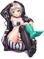 Rule 34 | 1girl, :d, aoba moca, ass, asymmetrical legwear, bang dream!, bike shorts, black hoodie, black socks, breasts, cleavage, collar, collarbone, commentary request, crossed legs, drawstring, feet, full body, green eyes, green socks, hand on own forehead, hood, hood up, hoodie, kneehighs, lambda (kusowarota), long sleeves, looking at viewer, medium breasts, mismatched legwear, no shoes, open mouth, short hair, simple background, single kneehigh, single sock, single thighhigh, sitting, sleeves past wrists, smile, socks, soles, solo, striped, studded collar, thigh strap, thighhighs, toes, uneven legwear, vertical stripes, white background, white hair