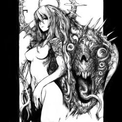 Rule 34 | 1girl, barbed wire, breasts, cleavage, greyscale, long hair, monochrome, monster, nude, original, pon (pixiv12747), pon (tab rasa), scar, solo, tattoo