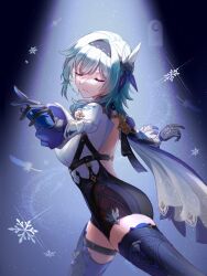 Rule 34 | 1girl, ame yomi, artist name, back, backless outfit, black gloves, black hairband, blue cape, blue gloves, blue hair, boots, breasts, cape, chest harness, closed eyes, clothing cutout, cowboy shot, dark background, eula (genshin impact), facing to the side, falling feathers, feathers, from side, genshin impact, gloves, hair between eyes, hair ornament, hairband, harness, high-waist shorts, highres, leg up, light particles, long sleeves, medium breasts, medium hair, outstretched arms, parted lips, shorts, shoulder cutout, sidelocks, snowflakes, solo, spotlight, thigh boots, two-tone gloves, white sleeves, wide sleeves