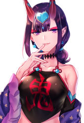 Rule 34 | 1girl, alternate breast size, bare shoulders, black choker, blunt bangs, breasts, chinese clothes, choker, collarbone, commentary, detached sleeves, dudou, earrings, eyelashes, eyeliner, eyeshadow, fate/grand order, fate (series), finger to mouth, frilled sleeves, frills, gem, grin, hand up, headpiece, heart, horns, jewelry, large breasts, looking at viewer, low ponytail, makeup, medium hair, moe (hamhamham), oni, parted lips, pointy ears, purple eyes, purple hair, short eyebrows, shuten douji (fate), shuten douji (fate/grand order), shuten douji (halloween caster) (fate), sidelocks, simple background, skin-covered horns, smile, solo, star (symbol), star print, thick eyebrows, upper body, white background, wide sleeves
