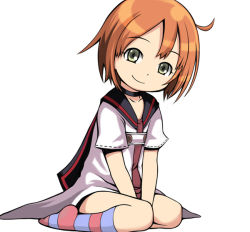 Rule 34 | atlus, brown hair, child, choker, e10, etrian odyssey, flat chest, medic (sekaiju), oversized clothes, short hair, smile, socks, solo, striped clothes, striped socks, yellow eyes