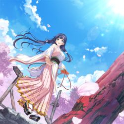 Rule 34 | 1girl, black hair, cherry blossoms, day, detached sleeves, dutch angle, floating hair, folding fan, full body, green eyes, hairband, hand fan, haruhime (kunado kokuki), highres, holding, holding fan, japanese clothes, koku, kunado kokuki, light rays, long hair, non-web source, official art, okobo, open mouth, outdoors, outstretched arm, petals, photoshop (medium), platform clogs, platform footwear, sandals, solo, standing, tabi, twintails, very long hair, wide sleeves