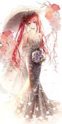 Rule 34 | 1girl, bare arms, bare shoulders, blue eyes, blush, bouquet, closed eyes, commentary request, dress, floral background, floral print, flower, flower request, full body, gintama, grey dress, hair flower, hair ornament, highres, holding, holding bouquet, holding umbrella, kagura (gintama), lium, long hair, looking at viewer, parasol, petals, pink flower, print dress, red hair, rose print, simple background, single sidelock, sleeveless, sleeveless dress, smile, solo, standing, tiara, twintails, umbrella, very long hair, white background, white flower