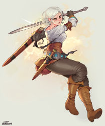 Rule 34 | 1girl, armband, backlighting, belt, boots, breasts, ciri, commentary, full body, gloves, green eyes, highres, incoming attack, knee boots, medium breasts, norasuko, pants, revision, scabbard, scar, sheath, shirt, short hair, short sword, silver hair, solo, sword, the witcher (series), the witcher 3, weapon