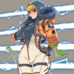 Rule 34 | 1girl, animification, apex legends, arm behind back, blonde hair, blue bodysuit, blue headwear, blush, bodysuit, breasts, cable, electricity, facial scar, finger to own chin, grey background, hood, hooded bodysuit, hooded jacket, jacket, looking at viewer, medium breasts, nessie (respawn), orange jacket, ribbed bodysuit, scar, scar on cheek, scar on face, smile, solo, stuffed toy, thigh strap, tucciao, wattson (apex legends), white bodysuit, wide hips