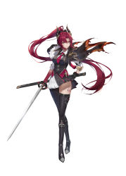 Rule 34 | 1girl, absurdres, black legwear, boots, breasts, cloak, dragon girl, dragon horns, eyebrows hidden by hair, gloves, hair between eyes, highres, holding, holding sword, holding weapon, horns, long hair, looking at viewer, military, military uniform, necktie, open mouth, orange eyes, original, ponytail, red gloves, shixuexiao, simple background, skirt, solo, standing, sword, thigh boots, uniform, weapon, white background