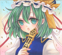 Rule 34 | 1girl, :o, blue vest, gradient background, green hair, hair between eyes, hat, hat ribbon, highres, holding, holding stick, looking at viewer, marker (medium), open mouth, petals, red ribbon, ribbon, rod of remorse, shiki eiki, short hair, simple background, solo, stick, touhou, traditional media, upper body, vest, yuuki hana (jtnp5334)