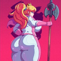 Rule 34 | 1girl, ass, axe, benbeau, blonde hair, blue eyes, blush, bodysuit, breasts, cowboy shot, crown, curvy, gloves, hand on own hip, highres, holding, holding weapon, huge ass, large breasts, long hair, mario (series), nintendo, parted lips, pink gloves, ponytail, princess peach, red background, scarf, shiny clothes, simple background, solo, standing, the super mario bros. movie, thick thighs, thighs, weapon