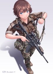 Rule 34 | 1girl, absurdres, ar-15, blue eyes, boots, brown hair, camouflage, camouflage pants, ck901, closed mouth, combat boots, commentary request, full body, gun, gun sling, highres, holding, holding gun, holding weapon, kzm (sub-moa works), looking at viewer, military, military uniform, original, pants, partial commentary, rifle, scope, short hair, sleeves rolled up, smile, solo, standing, trigger discipline, uniform, weapon, white background