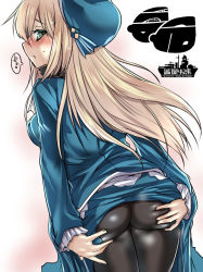 Rule 34 | 10s, 1girl, ass, ass grab, atago (kancolle), bad id, bad nicoseiga id, beret, black pantyhose, blonde hair, blue eyes, blush, clothes lift, from behind, grabbing own ass, hat, heart, kantai collection, long hair, looking back, open mouth, pantyhose, skirt, skirt lift, solo, spoken heart, text focus, tokita monta, translated