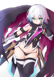 Rule 34 | 1girl, absurdres, bandaged arm, bandages, belt, black gloves, black panties, black thighhighs, cape, chabaneko, crop top, dagger, dual wielding, fate/apocrypha, fate (series), fingerless gloves, gloves, green eyes, groin, highres, holding, jack the ripper (fate/apocrypha), knife, looking at viewer, navel, panties, scar, scar across eye, scar on face, short hair, shoulder tattoo, silver hair, solo, standing, tattoo, thighhighs, torn clothes, underwear, weapon