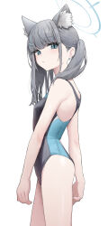Rule 34 | 1girl, absurdres, animal ear fluff, animal ears, blue archive, blue eyes, blush, breasts, competition swimsuit, cross hair ornament, earrings, grey hair, hair ornament, halo, highres, hwoi (hw 123), jewelry, looking at viewer, looking to the side, official alternate costume, one-piece swimsuit, ponytail, shiroko (blue archive), shiroko (swimsuit) (blue archive), simple background, small breasts, solo, stud earrings, swimsuit, two-tone one-piece swimsuit, white background, wolf ears