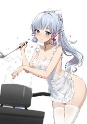 Rule 34 | 1girl, absurdres, apron, ayaka (genshin impact), blue eyes, blue hair, blush, bow, breasts, cleavage, closed mouth, commentary, cooking, feint721, fire, fire, genshin impact, gold choker, grey hair, hair bow, hair ribbon, high ponytail, highres, holding, holding ladle, ladle, leaning forward, light blue hair, medium breasts, mole, mole under eye, naked apron, ribbon, sidelocks, simple background, smile, solo, stove, thighhighs, thighs, tress ribbon, white background, white thighhighs