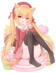 Rule 34 | 1girl, animal ear fluff, animal ears, black thighhighs, cat ears, cat girl, cat tail, commentary request, food, full body, hair between eyes, hair ribbon, highres, holding, holding food, knees up, long sleeves, looking at viewer, macaron, miniskirt, mochizuki riku, neckerchief, no shoes, open mouth, orange hair, original, panties, pantyshot, pink neckerchief, pink skirt, pleated skirt, red eyes, red headwear, red ribbon, red shirt, ribbon, sailor collar, sailor shirt, school uniform, serafuku, shirt, simple background, sitting, skirt, sleeves past wrists, solo, tail, thighhighs, twintails, underwear, white background, white panties, white sailor collar