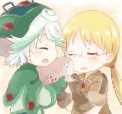 Rule 34 | 2girls, araki495, blonde hair, brown background, brown gloves, brown jacket, closed eyes, collared jacket, commentary request, creature, glasses, gloves, gradient hair, green gloves, green hair, green headwear, green shirt, holding, jacket, long hair, low twintails, made in abyss, meinya (made in abyss), multicolored hair, multiple girls, open mouth, prushka, riko (made in abyss), shirt, short sleeves, silver hair, teeth, twintails, upper body, upper teeth only