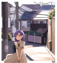 Rule 34 | 1girl, artist name, backlighting, black ribbon, blurry, blurry background, blush, border, braid, collarbone, commentary, cowboy shot, dated, day, dress, flower, house, idolmaster, idolmaster million live!, looking away, manhole, medium hair, myeolchi, nanao yuriko, neck ribbon, orange flower, outdoors, outside border, parted lips, plant, potted plant, power lines, purple hair, ribbon, road, road sign, sailor collar, sailor dress, short sleeves, sign, signature, solo, standing, street, sunlight, town, utility pole, v arms, white border, white dress, white sailor collar, yellow eyes