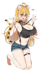 Rule 34 | 1girl, absurdres, ahoge, animal ear fluff, animal ears, bare legs, barefoot, bell, black collar, black tank top, blonde hair, blue eyes, blue shorts, blush, breasts, breath, cleavage, collar, crop top, denim, denim shorts, dickbomber, fangs, full body, furrowed brow, groin, hair intakes, heavy breathing, highres, hoshia (vtuber), hot, indie virtual youtuber, kneeling, korean commentary, korean text, large breasts, long hair, multicolored hair, navel, neck bell, o-ring, o-ring strap, o-ring thigh strap, open mouth, short shorts, shorts, simple background, solo, stomach, streaked hair, suspender shorts, suspenders, suspenders pull, sweat, tail, tank top, thigh strap, tiger ears, tiger girl, tiger tail, tongue, tongue out, two-tone hair, virtual youtuber, white background, white hair