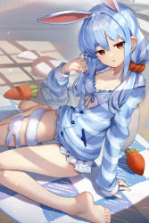 Rule 34 | 1girl, absurdres, animal ears, arm support, bare legs, barefoot, blue hair, bra, breasts, carrot, commentary request, creature, don-chan (usada pekora), feet, frilled bra, frills, full body, hand up, highres, hololive, hood, hood down, jacket, long hair, long sleeves, looking at viewer, multicolored hair, orange eyes, rabbit ears, scottie (phantom2), short eyebrows, sidelocks, sitting, solo, striped clothes, striped jacket, thick eyebrows, twintails, two-tone hair, underwear, usada pekora, virtual youtuber, wariza, white bra, white hair