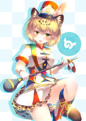 Rule 34 | 10s, 1girl, :d, absurdres, alternate costume, animal ears, blonde hair, boots, chain, checkered background, commentary, cross-laced footwear, epaulettes, fang, frilled skirt, frills, gloves, hair between eyes, hat, highres, jaguar (kemono friends), jaguar ears, jaguar tail, japari symbol, kanzakietc, kemono friends, kemono friends festival, knee boots, marching band, marching band baton, open mouth, panties, panty peek, short hair, simple background, skirt, smile, solo, tail, underwear, white gloves, white panties, yellow eyes