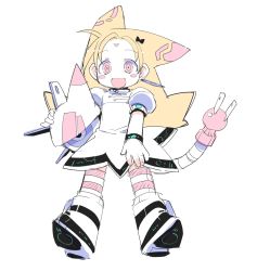 Rule 34 | 1girl, :d, blonde hair, blush stickers, boots, copyright request, female focus, full body, highres, looking at viewer, open mouth, pink eyes, pink thighhighs, puffy short sleeves, puffy sleeves, ringed eyes, shirt, short sleeves, simple background, smile, solo, striped clothes, striped thighhighs, tail, thighhighs, white background, white shirt, wristband, zankuro