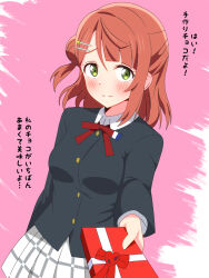 1girl black_jacket blunt_bangs blush breasts buttons closed_mouth collared_shirt commentary cowboy_shot dress_shirt gift green_eyes hair_bun hair_ornament hairclip half_updo heart highres holding holding_gift incoming_gift jacket long_sleeves looking_at_viewer love_live! love_live!_nijigasaki_high_school_idol_club medium_breasts medium_hair miniskirt neck_ribbon nijigasaki_school_uniform orange_hair pink_background plaid_clothes plaid_skirt pleated_skirt red_ribbon ribbon school_uniform shinonome_sakura shirt simple_background single_side_bun skirt smile solo split_mouth swept_bangs translation_request uehara_ayumu valentine white_shirt white_skirt winter_uniform