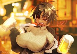Rule 34 | 1girl, ;d, alcohol, beer, black jacket, blurry, blurry background, blush, bon (vtuber), breasts, brown hair, cup, dark-skinned female, dark skin, ear piercing, fur-trimmed jacket, fur trim, hands up, heart, highres, hiromago, holding, holding cup, huge breasts, indie virtual youtuber, jacket, looking at viewer, multicolored hair, off shoulder, one eye closed, open mouth, piercing, pink hair, ribbed sweater, short hair, smile, solo, streaked hair, sweater, tongue, tongue out, turtleneck, turtleneck sweater, twitter username, two-tone hair, upper body, virtual youtuber, white sweater
