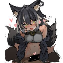 Rule 34 | 1boy, 1girl, animal ears, bare shoulders, black thighhighs, blush, breasts, censored, fang, girl on top, girls&#039; frontline, girls&#039; frontline neural cloud, heart, highres, implied sex, medium breasts, multicolored hair, navel, r scrubed, ranko (neural cloud), skin fang, sweat, tail, thighhighs, yellow eyes
