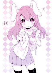 Rule 34 | !?, 1girl, ^^^, animal ears, argyle, argyle background, argyle clothes, black thighhighs, blush, bow, bra, breasts, cleavage, collarbone, leaning forward, lingerie, long hair, looking at viewer, monochrome, open clothes, open mouth, open shirt, original, pleated skirt, rabbit ears, sakura (mani), shirt, skirt, small breasts, solo, thighhighs, underwear, undressing, usashiro mani, zettai ryouiki
