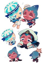 Rule 34 | 2others, anchor symbol, aqua hair, aqua headwear, barefoot, blue eyes, blue hair, blue headwear, blue pants, blue sailor collar, closed eyes, cookie run, hat, highres, holding hands, holding seashell, long sleeves, lying, makoto (konbumi), multicolored clothes, multicolored headwear, multiple others, multiple views, no humans, official alternate costume, on stomach, open mouth, pants, peppermint cookie, sailor collar, sailor hat, sandals, seashell, shell, shirt, short hair, short sleeves, shorts, smile, sorbet shark cookie, striped clothes, striped headwear, sweat, white background, white headwear, white shirt, white shorts