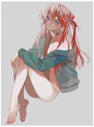 Rule 34 | + +, 1girl, ass, bare shoulders, barefoot, blue eyes, blush, bottomless, breasts, brown hair, choker, cleavage, collarbone, commentary, evangelion: 3.0+1.0 thrice upon a time, female focus, frown, full body, green jacket, grey background, hair between eyes, hairpods, highres, interface headset, invisible chair, jacket, knees up, legs, long hair, long sleeves, looking at viewer, naked jacket, neon genesis evangelion, no bra, plantar flexion, pout, rebuild of evangelion, shichi (kotoneco0711), simple background, sitting, solo, souryuu asuka langley, two side up, very long hair