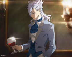 Rule 34 | 1boy, ascot, black clover, black clover m: rise of the wizard king, blue ascot, blue vest, braid, collared shirt, cup, drinking glass, grey hair, grey jacket, hair between eyes, holding, holding cup, indoors, jacket, looking at object, medium hair, nozel silva, official alternate costume, official art, open clothes, open jacket, purple eyes, shirt, solo, vest, white shirt, wine glass