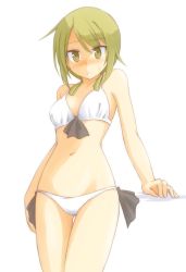 Rule 34 | 1girl, bikini, blonde hair, blush, breasts, embarrassed, hand rest, ichii yui, looking at viewer, low twintails, natsushi, navel, nose blush, short twintails, side-tie bikini bottom, simple background, small breasts, solo, standing, sweatdrop, swimsuit, twintails, white background, white bikini, yellow eyes, yuyushiki