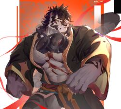 Rule 34 | 1boy, abs, artist name, bara, bare pectorals, clenched hand, cuffs, furry, furry male, handcuffs, highres, looking at viewer, male focus, mole hm, multiple scars, pectorals, scar, scar on chest, scar on face, sdorica, tiger boy, yao (sdorica)