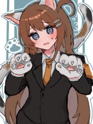 Rule 34 | 1girl, @ @, animal ears, animal hands, armband, blush, brown hair, calico, cat ears, cat tail, claws, collared shirt, cowboy shot, formal, gloves, highres, hod (project moon), lobotomy corporation, long hair, looking at viewer, necktie, nnnnhhhhnhnh, open mouth, orange necktie, paw gloves, project moon, shirt, sidelocks, solo, suit, sweat, tail, very long hair, white shirt