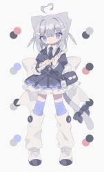 Rule 34 | 1girl, ahoge, animal ears, back bow, black bag, black bow, black jacket, black necktie, black skirt, blue eyes, blue thighhighs, bow, buttons, cat ears, cat girl, cat tail, cellphone, closed mouth, collared shirt, daizu (melon-lemon), detached ahoge, flip phone, flute, full body, grey hair, hair between eyes, hair ornament, hairclip, heart, heart ahoge, highres, holding, holding flute, holding instrument, huge bow, instrument, jacket, layered skirt, leg warmers, long sleeves, looking at viewer, necktie, original, phone, recorder, shirt, shoes, simple background, skirt, solo, standing, sweat, tail, tail bow, tail ornament, thighhighs, uwabaki, white background, white bow, white footwear, white leg warmers, white shirt, white skirt, zettai ryouiki