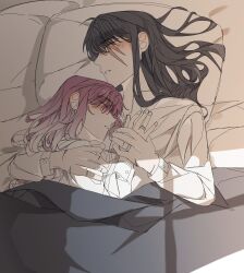 Rule 34 | 2girls, blush, collared shirt, commentary request, cuddling, gradient hair, highres, holding hands, illusion moon, jewelry, korean commentary, long hair, long sleeves, multicolored hair, multiple girls, on bed, parted lips, path to nowhere, pillow, purple hair, rahu (path to nowhere), ring, scar, scar across eye, scar on hand, shalom (path to nowhere), shirt, under covers, wedding ring, white hair, white shirt, wife and wife, window, window shadow, yuri