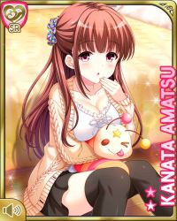 Rule 34 | 1girl, :o, amatsu kanata, bedroom, black skirt, black thighhighs, breasts, brown hair, card (medium), cleavage, day, girlfriend (kari), hair ornament, hair scrunchie, indoors, long hair, looking at viewer, official art, open mouth, pleated skirt, qp:flapper, red eyes, scrunchie, shirt, sitting, skirt, solo, stuffed toy, sweater, thighhighs, white shirt, yellow sweater, zettai ryouiki