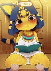 Rule 34 | 1girl, :&lt;, animal crossing, animal ears, ankha (animal crossing), black eyes, blue hair, blush, book, breasts, cat ears, cat girl, cat tail, closed mouth, dagashi (daga2626), dress, english text, furry, furry female, highres, holding, holding book, looking at viewer, nintendo, panties, pantyshot, pov, sitting, small breasts, solo focus, spread legs, tail, time stop, underwear, white dress, white panties, yellow fur