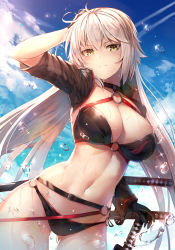 Rule 34 | 1girl, ahoge, bikini, black bikini, black jacket, blue sky, blush, breasts, brown eyes, choker, cleavage, closed mouth, cloud, cloudy sky, collarbone, commentary, cowboy shot, cropped jacket, day, fate/grand order, fate (series), gloves, gluteal fold, groin, hair between eyes, hand on hilt, hand on own head, highres, hip focus, jacket, jeanne d&#039;arc alter (swimsuit berserker) (fate), jeanne d&#039;arc (fate), jeanne d&#039;arc alter (fate), jeanne d&#039;arc alter (swimsuit berserker) (fate), katana, large breasts, long hair, looking at viewer, motokonut, multiple swords, navel, o-ring, o-ring bikini, o-ring bottom, o-ring top, outdoors, sheath, sheathed, shrug (clothing), sidelocks, skindentation, sky, solo, stomach, sunlight, swimsuit, sword, thighs, very long hair, water drop, weapon, wet, yellow eyes