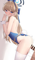 Rule 34 | 1boy, 1girl, absurdres, animal ears, blonde hair, blue archive, blue eyes, blue leotard, breasts, clothed sex, ear piercing, from side, halo, hetero, highres, leotard, long hair, medium breasts, n9at, official alternate costume, official alternate hairstyle, penis, piercing, playboy bunny, rabbit ears, rabbit tail, sex, sex from behind, tail, thighhighs, thighs, toki (blue archive), toki (bunny) (blue archive), trembling, very long hair, white thighhighs, wrist cuffs