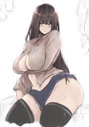 Rule 34 | 1girl, barlunn, black thighhighs, blue skirt, blush, breasts, brown eyes, brown hair, brown shirt, glasses, highres, large breasts, long hair, long sleeves, looking at viewer, navel, open clothes, open shirt, original, shirt, skirt, thighhighs, thighs
