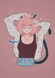 Rule 34 | 1girl, animal ears, artist name, bad id, bad twitter id, brown background, cat ears, cat tail, closed eyes, cropped legs, heart, heart print, jewelry, long sleeves, meyoco, momomiya ichigo, necklace, pink hair, short hair, simple background, smile, solo, sparkle, tail, tokyo mew mew
