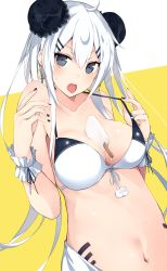Rule 34 | 1girl, :o, ahoge, bare arms, bare shoulders, between breasts, bikini, bikini top only, black eyes, black nails, black ribbon, blush, breasts, bun cover, collarbone, commentary request, double bun, earrings, embarrassed, food, food on body, front-tie bikini top, front-tie top, hair between eyes, hair ornament, hairclip, highres, hoop earrings, jewelry, kurebayashi noe, long hair, looking at viewer, md5 mismatch, medium breasts, melting, nail polish, navel, open mouth, original, pom pom (clothes), popsicle, pulled by self, ribbon, sarong, solo, stomach, strap pull, sweat, swimsuit, tsurime, two-tone background, upper body, very long hair, white ribbon, wrist cuffs, yellow background