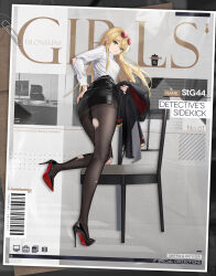 Rule 34 | 1girl, artist request, ass, barcode, black footwear, black jacket, black pantyhose, black skirt, blonde hair, breasts, chair, character name, christian louboutin (brand), commentary, copyright name, earrings, english commentary, eyewear on head, from behind, full body, girls&#039; frontline, green eyes, hair between eyes, hand on own ass, high heels, highres, holding, holding clothes, holding jacket, jacket, unworn jacket, jewelry, large breasts, long hair, long sleeves, looking at viewer, looking back, louboutins, office lady, official alternate costume, official art, on chair, pantyhose, paperclip, parted lips, patent heels, pencil skirt, promotional art, pumps, red-tinted eyewear, red soles, reichsadler, scrape, scraped knee, second-party source, shirt, shoe soles, shoes, skirt, solo, standing, standing on one leg, stg44 (detective&#039;s sidekick) (girls&#039; frontline), stg44 (girls&#039; frontline), stiletto heels, sunglasses, tinted eyewear, torn clothes, torn pantyhose, torn shirt, very long hair, white shirt