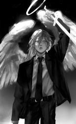 Rule 34 | 1boy, androgynous, angel, angel devil (chainsaw man), angel wings, arm up, belt, black background, chainsaw man, collared shirt, cowboy shot, dress shirt, formal, gradient background, greyscale, hair between eyes, halo, highres, holding, holding weapon, long hair, long sleeves, looking at viewer, male focus, monochrome, necktie, parted lips, reverse grip, seki (fyfyfy), shirt, shirt tucked in, simple background, solo, standing, suit, sword, weapon, wings