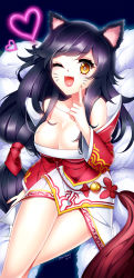 Rule 34 | 1girl, ahri (league of legends), animal ears, bare shoulders, black hair, braid, breasts, cleavage, collarbone, detached sleeves, facial mark, fang, fox ears, fox tail, heart, large breasts, league of legends, long hair, multiple tails, one eye closed, opalheart, open mouth, smile, solo, tail, whisker markings, wink, yellow eyes